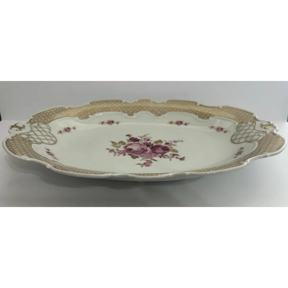 Wallendorf 1764 Oblong Rose Pink and Gold Dish Porcelain Germany 13x9 Inches - Picture 2 of 10